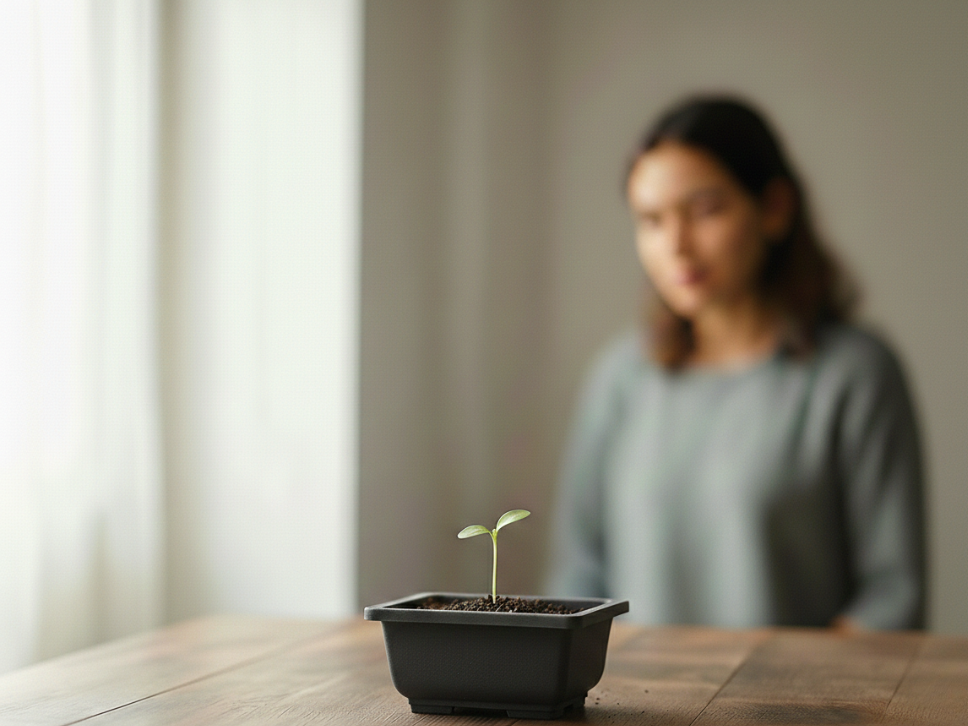 Op de foto zie je de eerste groeifase van een Bonsai plantje (bonsai tree starter kit)
